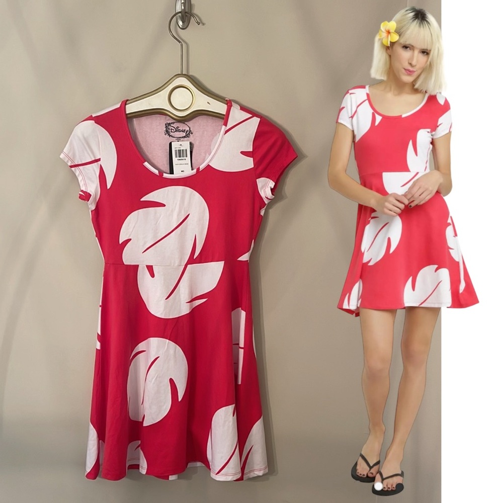 NWT Disney Lilo & Stitch Lilo Hawaiian Dress Red & White Leaf Print Dress Medium